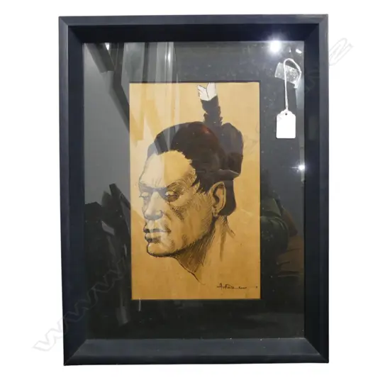 A S PATERSON INK & WASH SKETCH. Portrait of a Māori Man with huia feather. 285 x 170mm. In deep contemporary frame.
