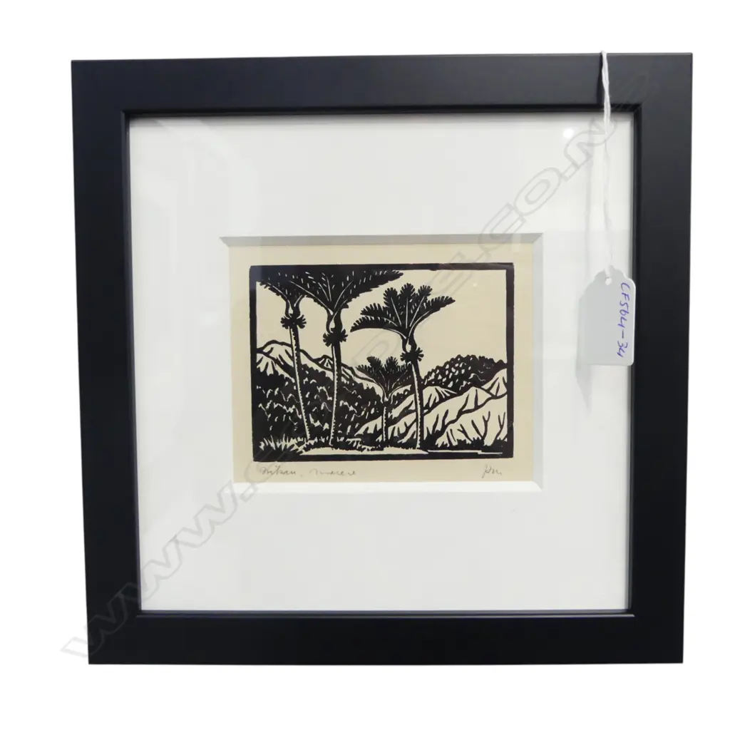 JOHN L MOORE 'Nikau' woodcut signed and titled 75 x 100mm (housed in contemporary black frame).From the album 'Woodcuts' Image 1++