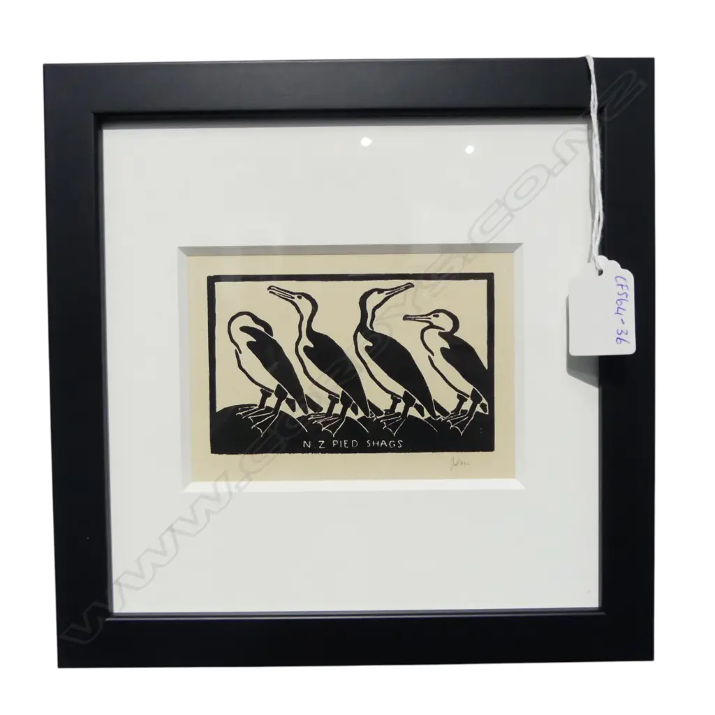 JOHN L MOORE NZ 'Pied Shags' woodcut signed 72 x 100mm (housed in contemporary black frame). From the album 'Woodcuts' b Image 1++