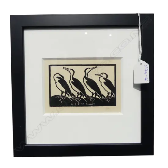 JOHN L MOORE NZ 'Pied Shags' woodcut signed 72 x 100mm (housed in contemporary black frame). From the album 'Woodcuts' b