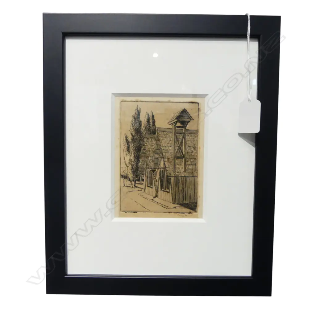 PEGGY SPICER 'Howick Church' etching signed 115 x 75mm (some foxing, housed in contemporary black frame) Image 1++