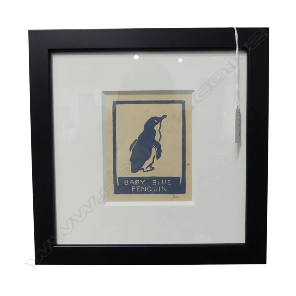 JOHN L MOORE 'Baby Blue Penguin' coloured woodcut signed 95 x 72mm (housed in contemporary black frame). From the album  Image 1++