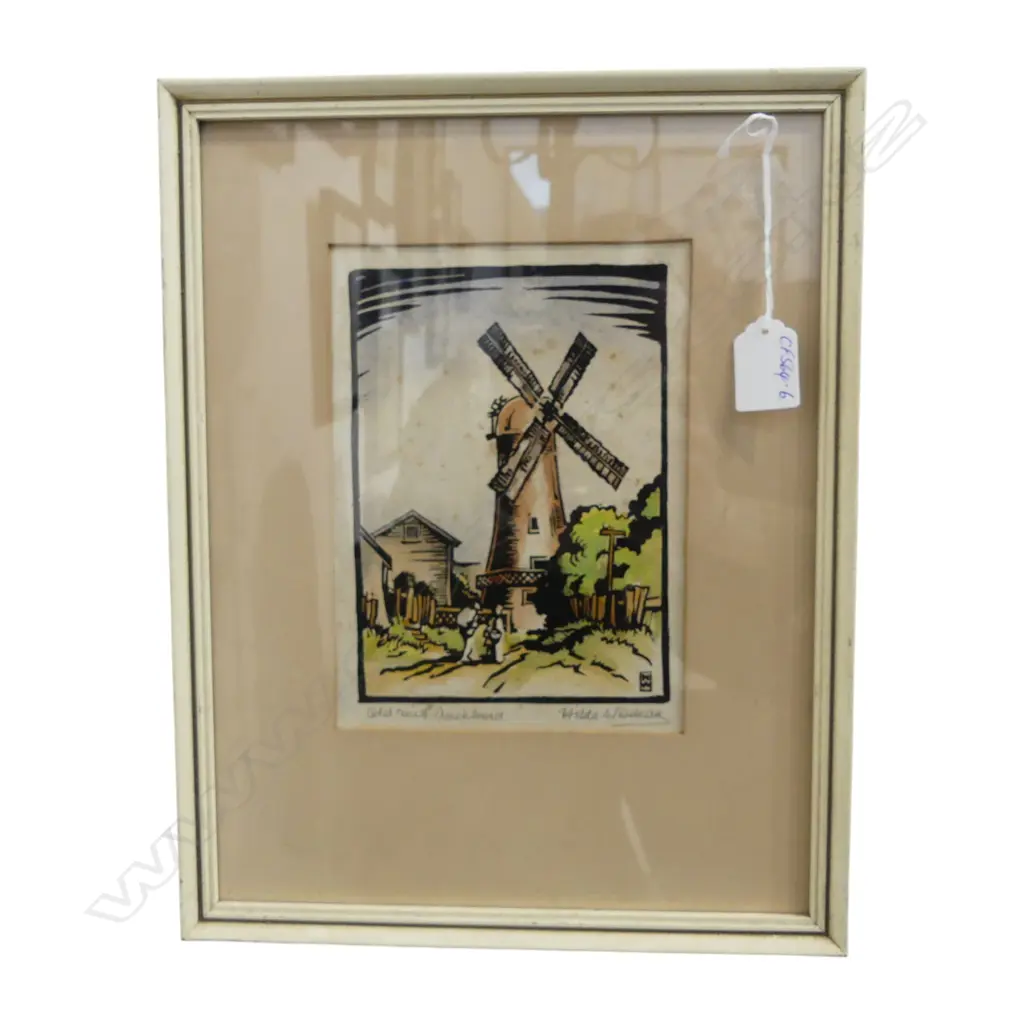 HILDA WISEMAN 'Old Mill, Auckland' Hand coloured linocut. Signed & entitled.195 x 140mm Image 1++