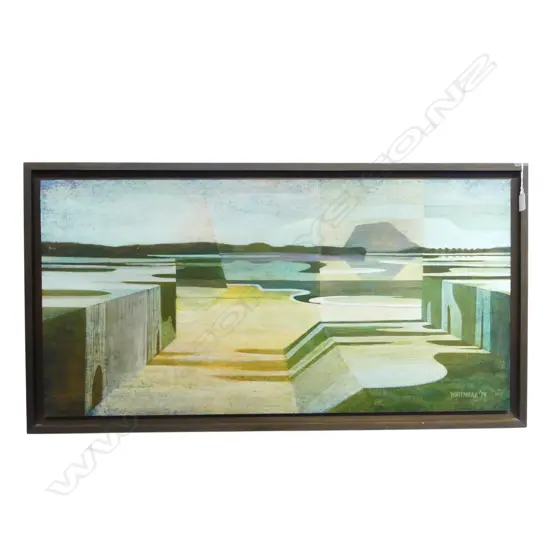 RON WHITMORE ACRYLIC PAINTING 'INNER HARBOUR' (Mt. Maunganui/Tauranga) 1976 signed & dated. Labelled verso. 435 x 875mm.