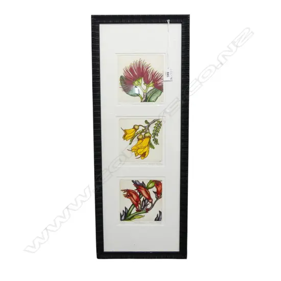 MARY E TAYLOR, 3 FLOWERS (POHUTUKAWA, KOWHAI & FLAX) PRINT 130x130mm, 645x250mm overall