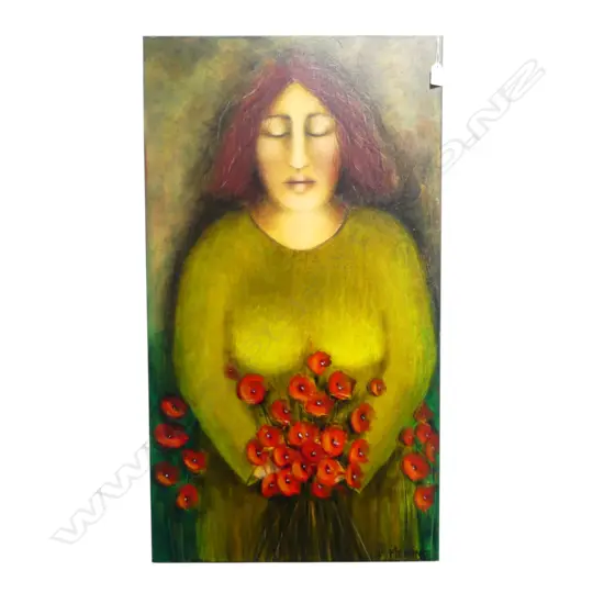 DALENE MEIRING, WOMAN w. POPPIES, ACRYLIC ON CANVAS 900x505mm