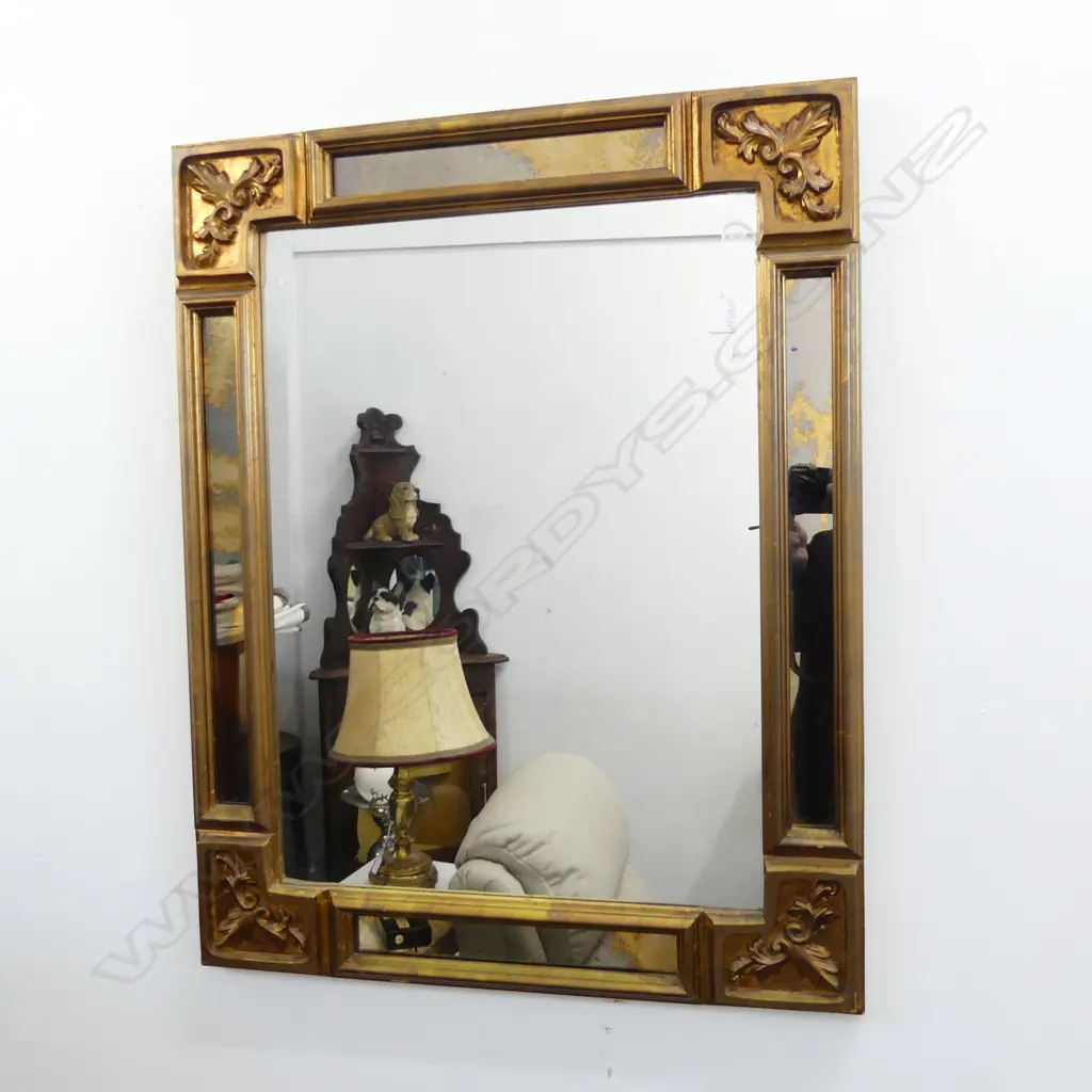 VINTAGE GOLD WALL MIRROR WITH ANTIQUED MIRROR BORDER PANELS, L.820MM W.650MM Image 1++