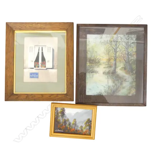 SMALL OIL ON BOARD SIGNED E. THOMAS + 2 OTHER FRAMED WORKS