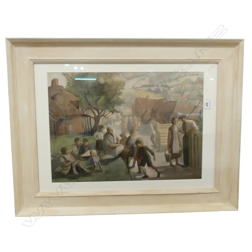 ARTIST UNKNOWN, EARLY 20thC ENGLISH VILLAGE SCENE, MIXED MEDIA 355x500mm Image 1++
