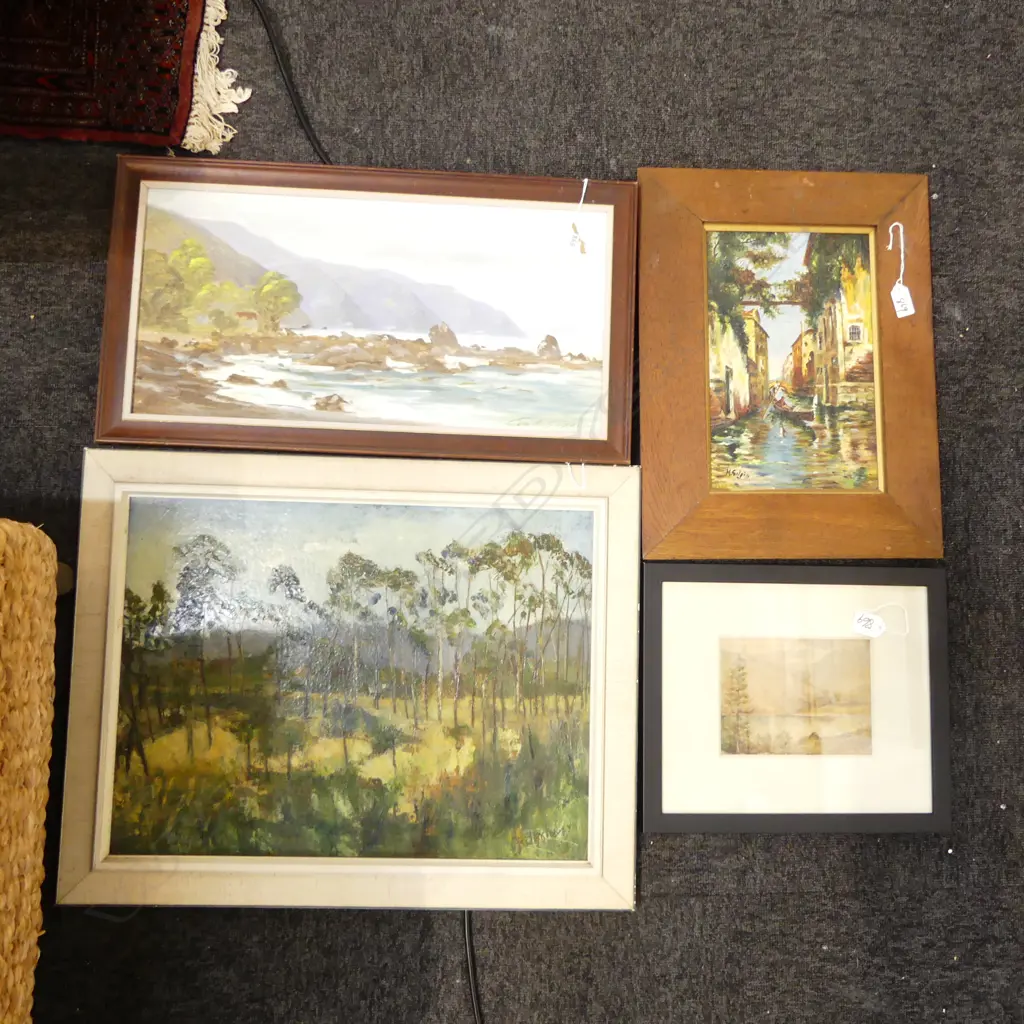 4 PAINTINGS incls 3 oils: TREES WAIKUMETE. Geo. Searle coastal scene. H. Gilpin of Venice + lake scene W/C Image 1++