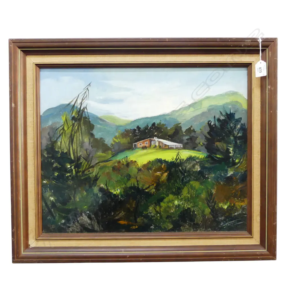 JACK CRIPPEN ACRYLIC untitled rural modernist house & bush scene. Signed. 385 x 485mm Image 1++