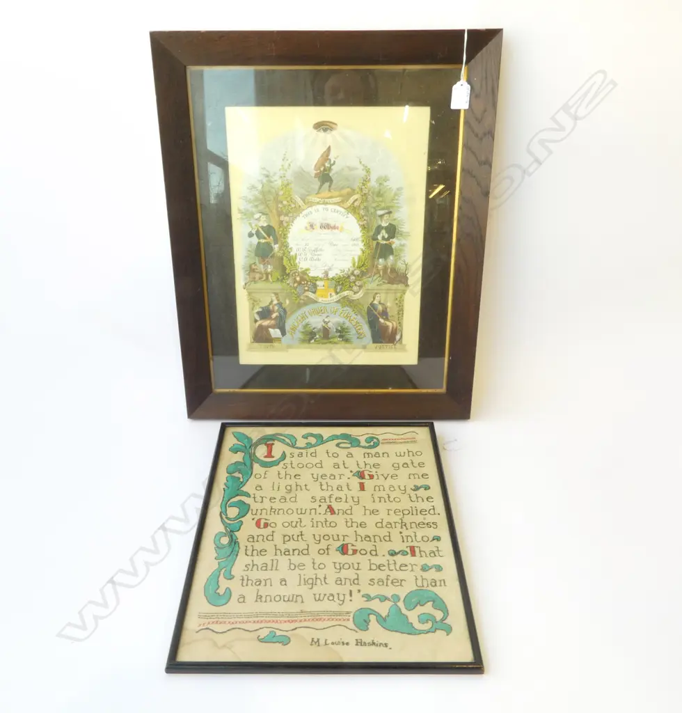 FRAMED ANCIENT ORDER OF FORESTERS CERTIFICATE + FRAMED EMBROIDERY Image 1++