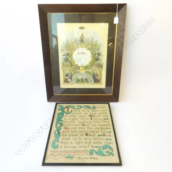 FRAMED ANCIENT ORDER OF FORESTERS CERTIFICATE + FRAMED EMBROIDERY
