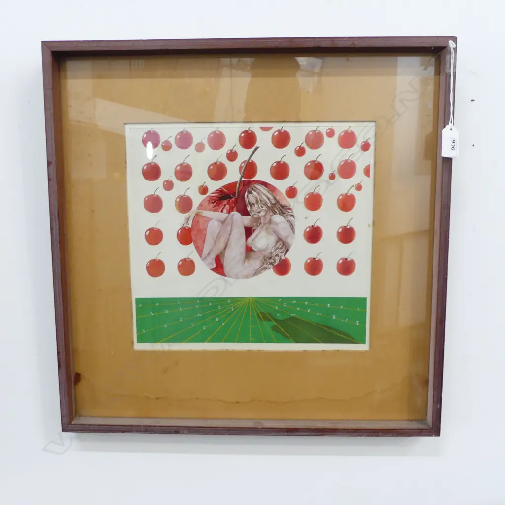 ARTIST UNKNOWN, NUDE w. APPLES, MIXED MEDIA 270x290mm Image 1++