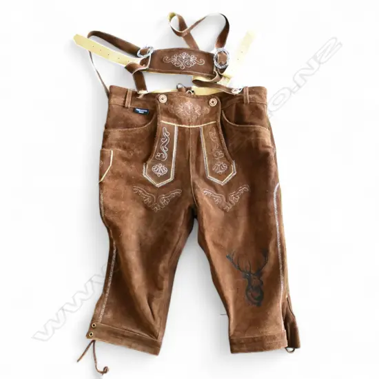 LEATHER GERMAN LEDERHOSEN, LABELED '52', WAIST 95cm, label 'Best German Wear. Made in Pakistan'