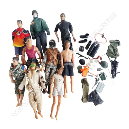 9 MALE ACTION DOLLS w EXTRA GEAR & CLOTHING
