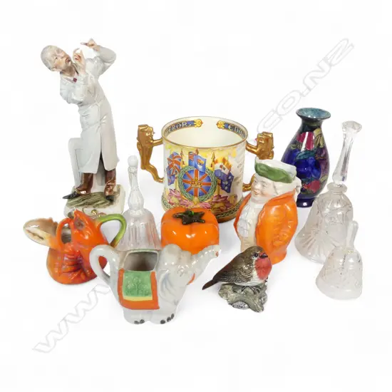 BOX OF CHINA FIGURES GLASS BELLS ETC AF