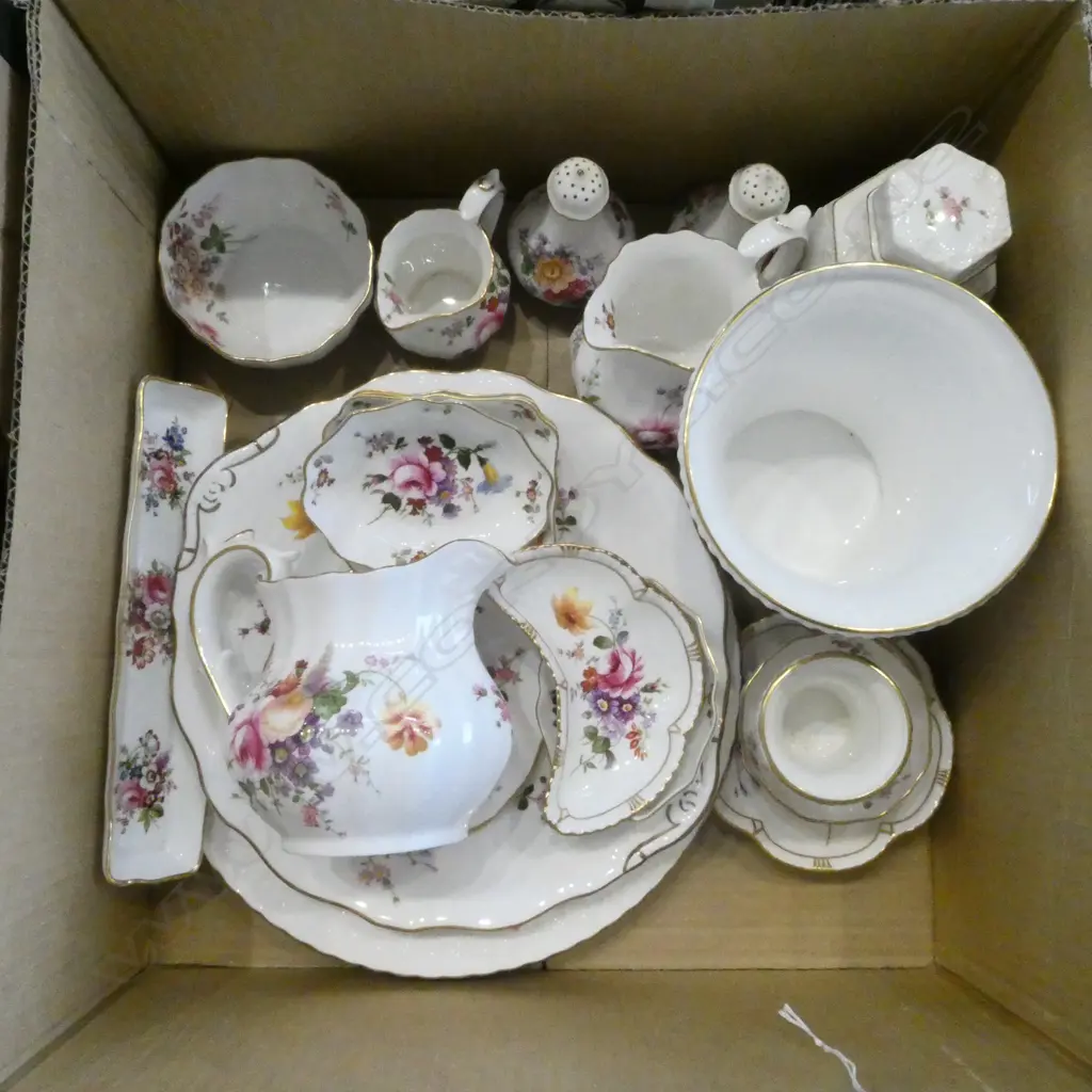 BOX OD ROYAL CROWN DERBY POSIES CHINA TEA WARE ETC: SMALL DISHES + LIDDED TEA CADDY + VASE + PLATES + JUGS  ETC Image 1++