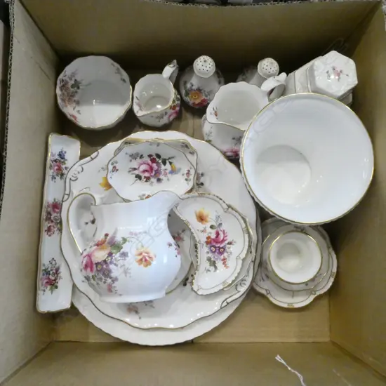 BOX OD ROYAL CROWN DERBY POSIES CHINA TEA WARE ETC: SMALL DISHES + LIDDED TEA CADDY + VASE + PLATES + JUGS  ETC