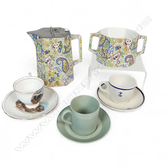 ALL OVER FLORAL JUG & BASIN, WITH 3 NAUTICAL COFFEE CANS