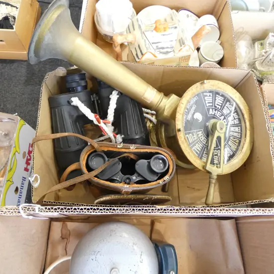 REPRODUCTION BRASS SHIP'S TELEGRAPH. H.440mm & 2 PRS BINOCULARS