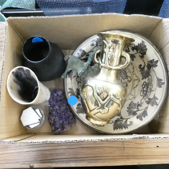 ORIENTAL BRASS VASE, HORN CUP ETC