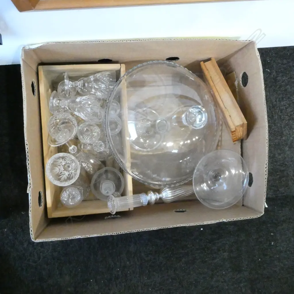 BOX OF ASST. CRYSTAL GLASSES + CAKE DOME etc Image 1++