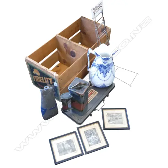 VINTAGE ORANGES CRATE 'FIDELITY' L.680mm +B&W PITCHER + FRAMED PICS ETC