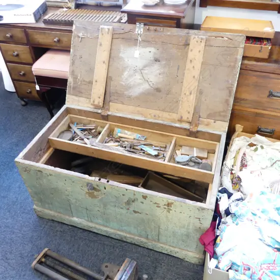 ANTIQUE WOODEN TOOL BOX + CONTENTS 980x515x480mm