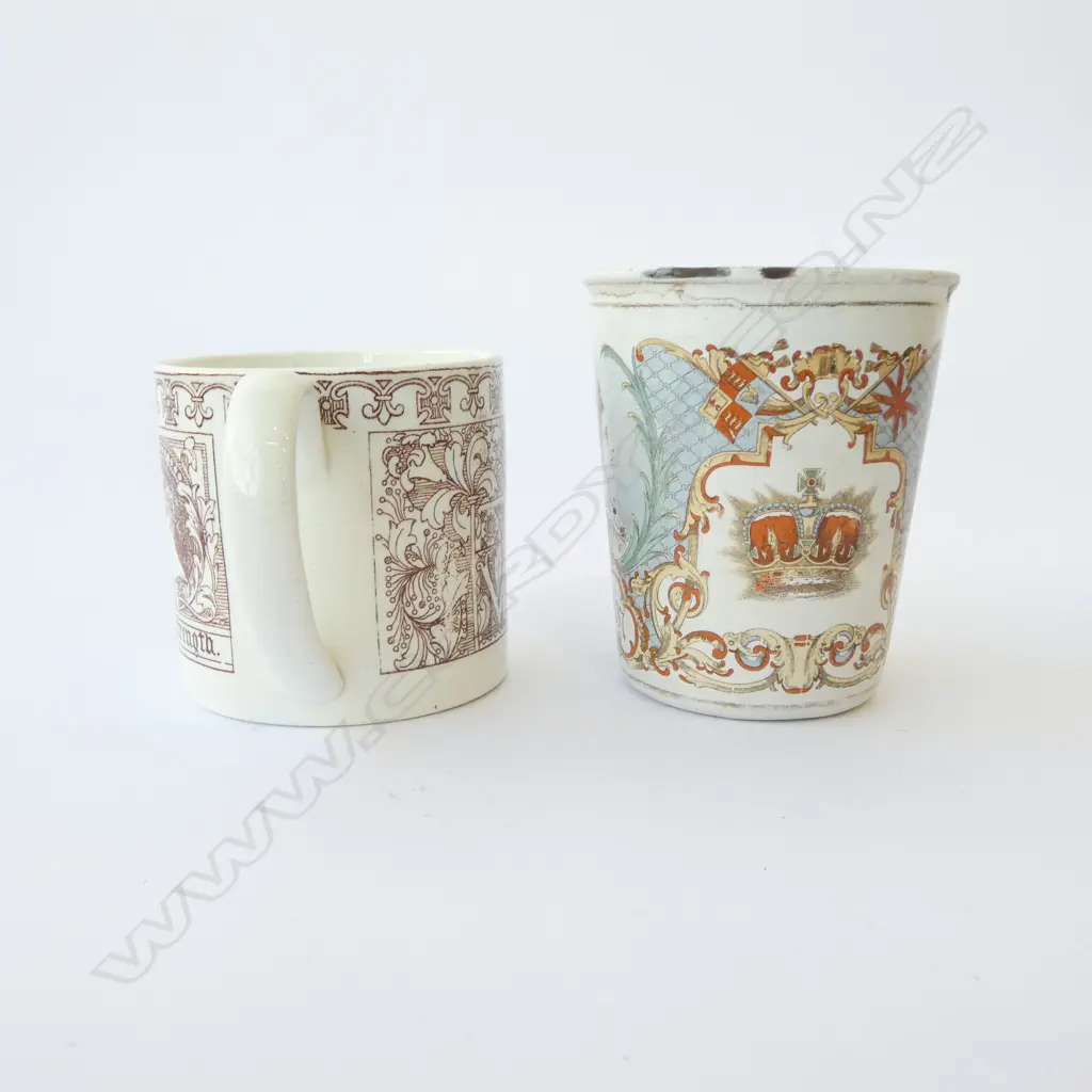 TWO RARE 1837-1887 QUEEN VICTORIA ROYALTY ENAMEL BEAKER & JUBILEE BRIGHTON MUG, H.100MM, H.75MM Image 1++