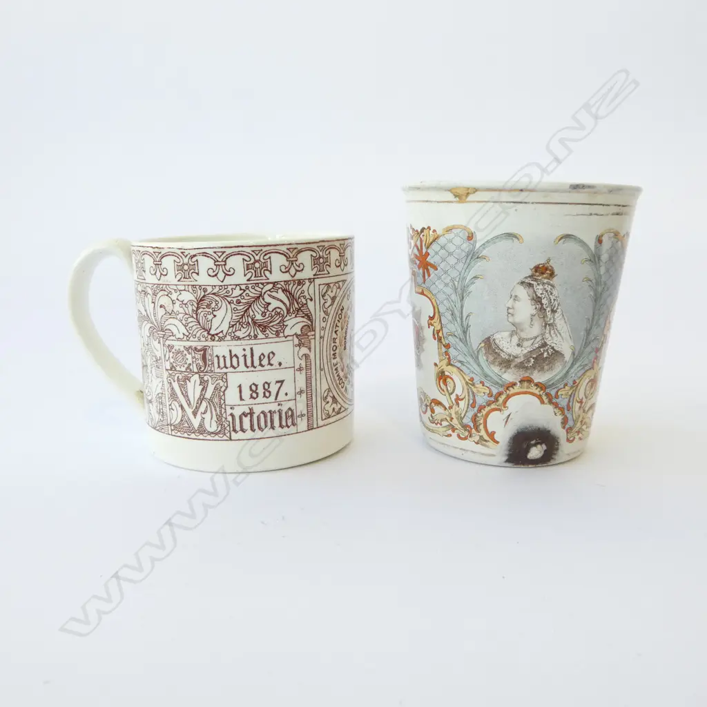 TWO RARE 1837-1887 QUEEN VICTORIA ROYALTY ENAMEL BEAKER & JUBILEE BRIGHTON MUG, H.100MM, H.75MM Image 1++