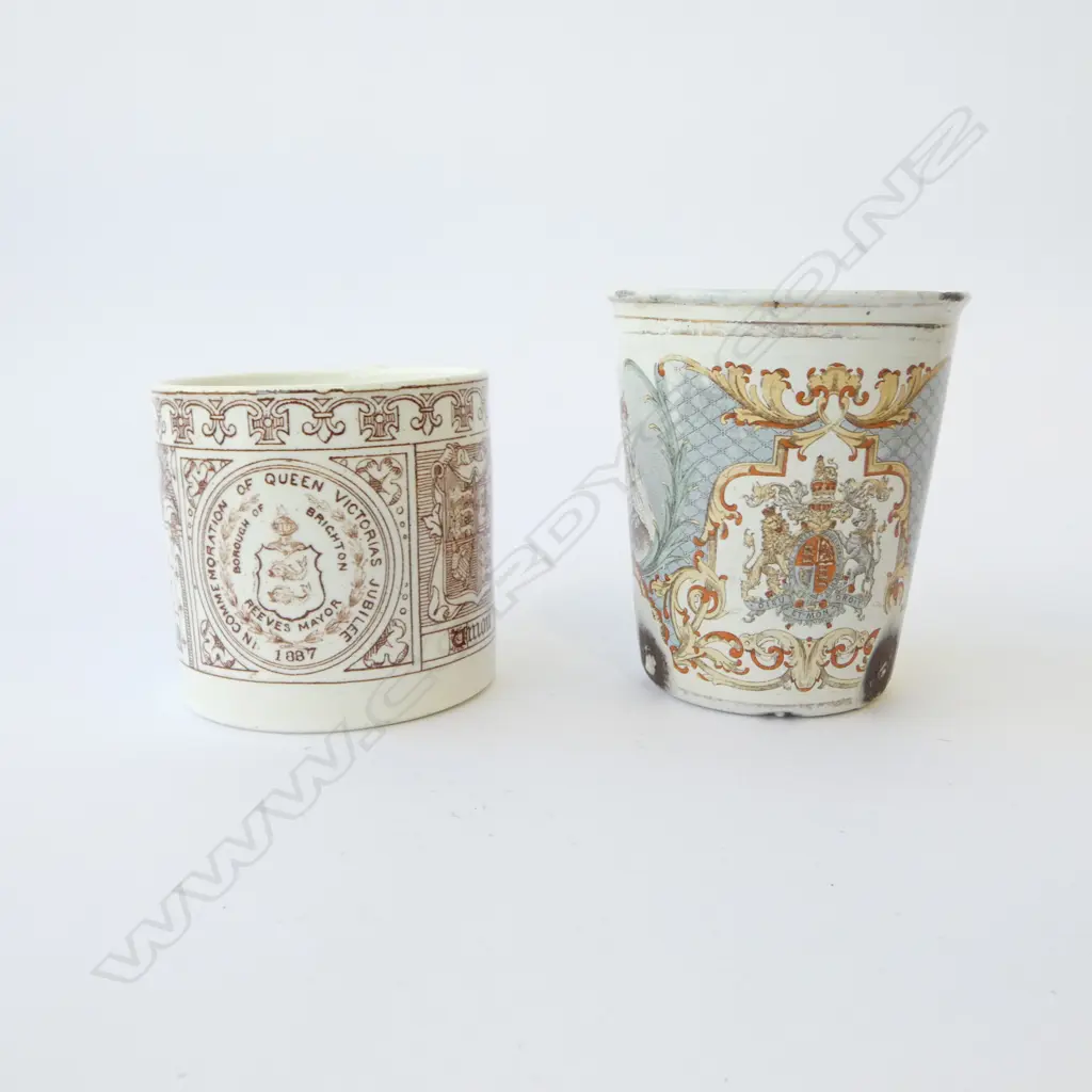 TWO RARE 1837-1887 QUEEN VICTORIA ROYALTY ENAMEL BEAKER & JUBILEE BRIGHTON MUG, H.100MM, H.75MM Image 1++