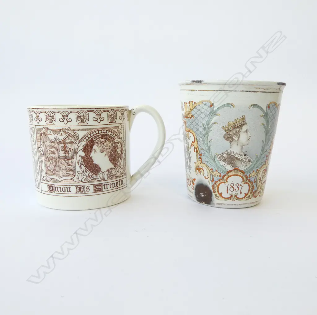TWO RARE 1837-1887 QUEEN VICTORIA ROYALTY ENAMEL BEAKER & JUBILEE BRIGHTON MUG, H.100MM, H.75MM Image 1++