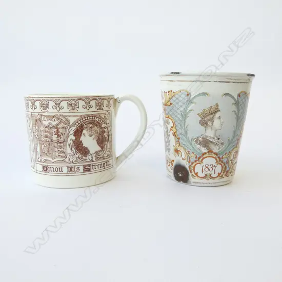 TWO RARE 1837-1887 QUEEN VICTORIA ROYALTY ENAMEL BEAKER & JUBILEE BRIGHTON MUG, H.100MM, H.75MM
