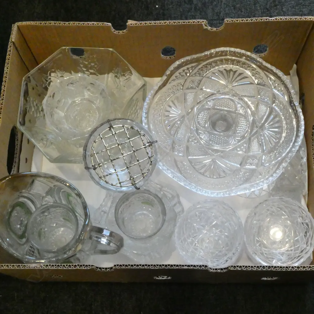 BOX OF ASST. PRESSED GLASS etc Image 1++