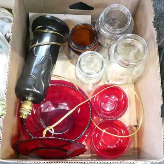 4 GLASS JARS & ASST. RUBY GLASS