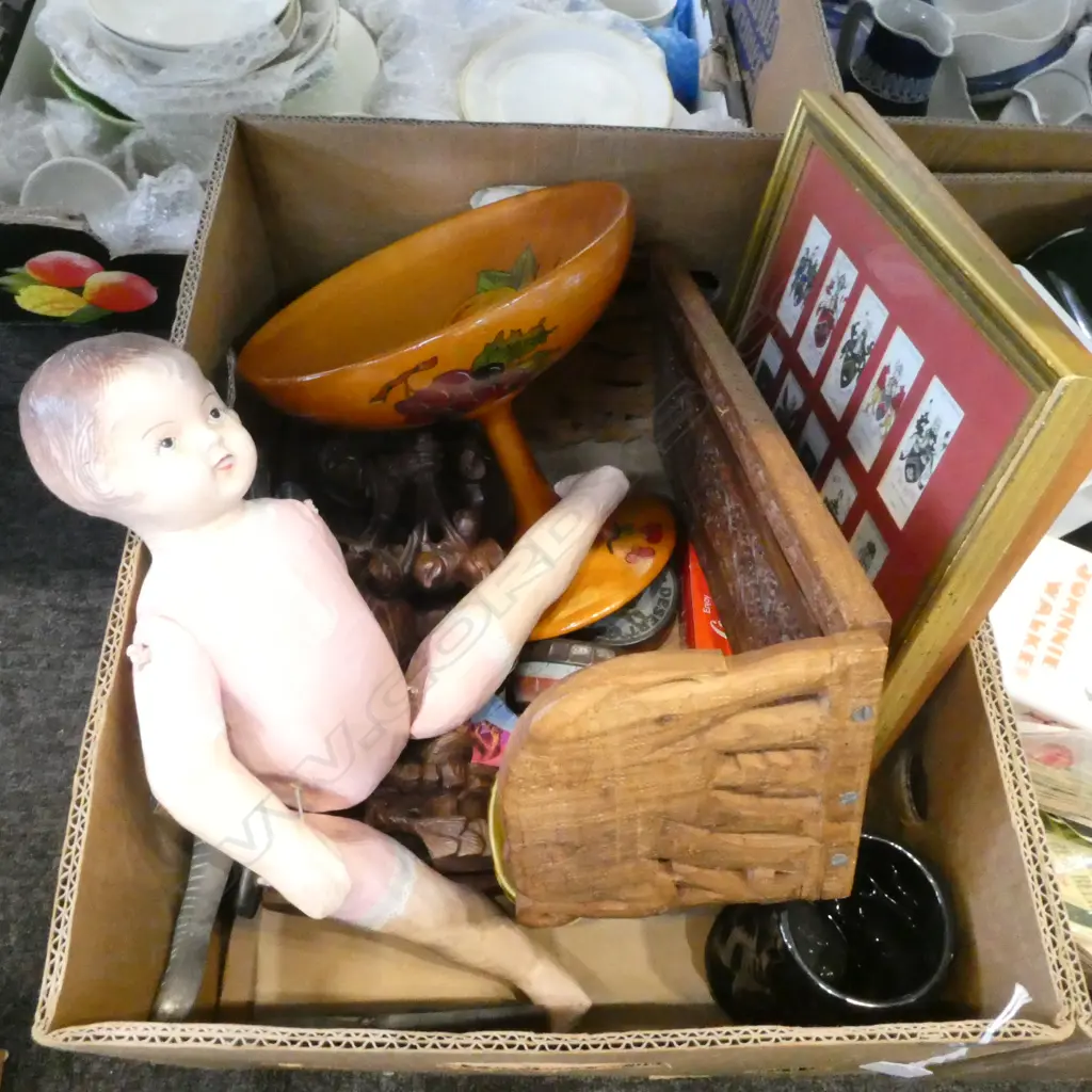 BOX OF ASST. COLLECTABLES; WOODEN COMPORT, CHINESE CARVED WOOD SAGE (FAULTS), VINTAGE COCA COLA ADVERTISING etc Image 1++