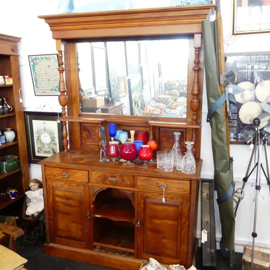 MIRROR BACKED KAURI SIDEBOARD H2100 L1470MM. Ex. Tommy Doyle estate
