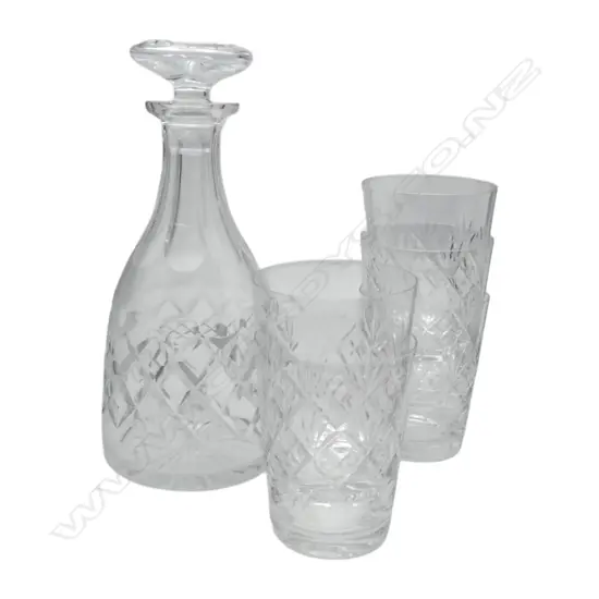CRYSTAL DECANTER + 5 SCOTTISH TUMBLERS