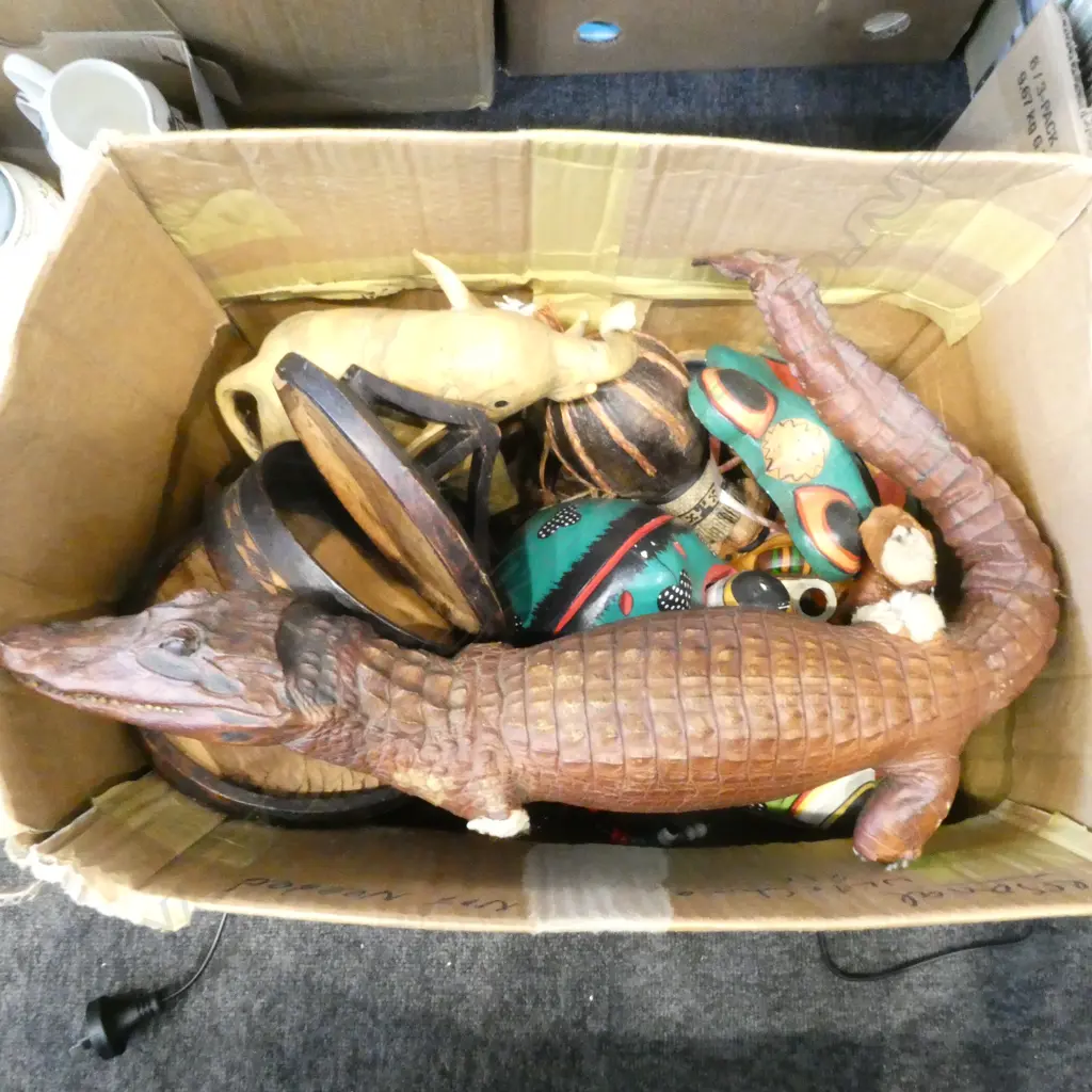 ASST. WOODEN MASKS etc INCLUDING A TAXIDERMY CROCODILE (AF) Image 1++