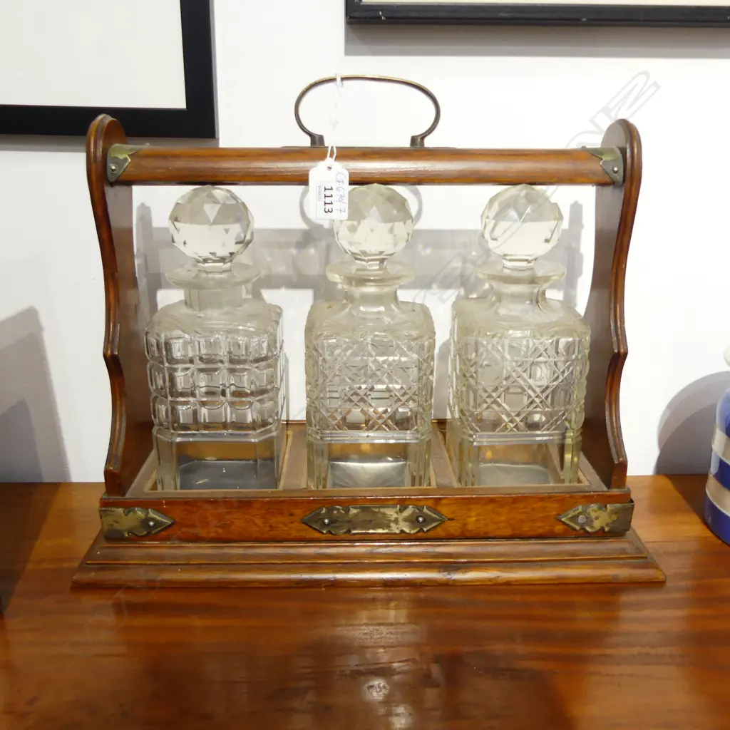 OAK 3 BOTTLE TANTALUS W.385mm chips to bottle rims Image 1++