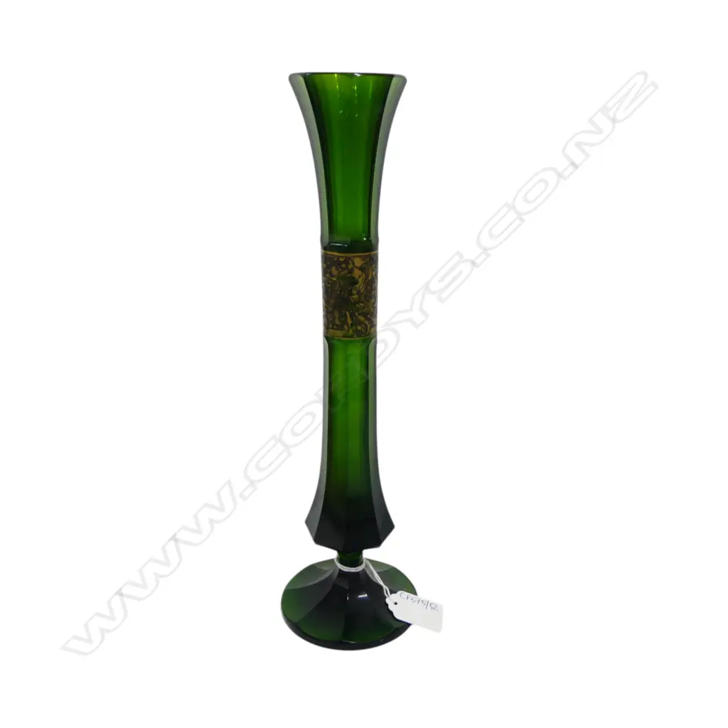 DECO MOSER KARLSBAD CZECHOSLOVAKIA TALL GREEN GLASS VASE H.310mm Image 1++