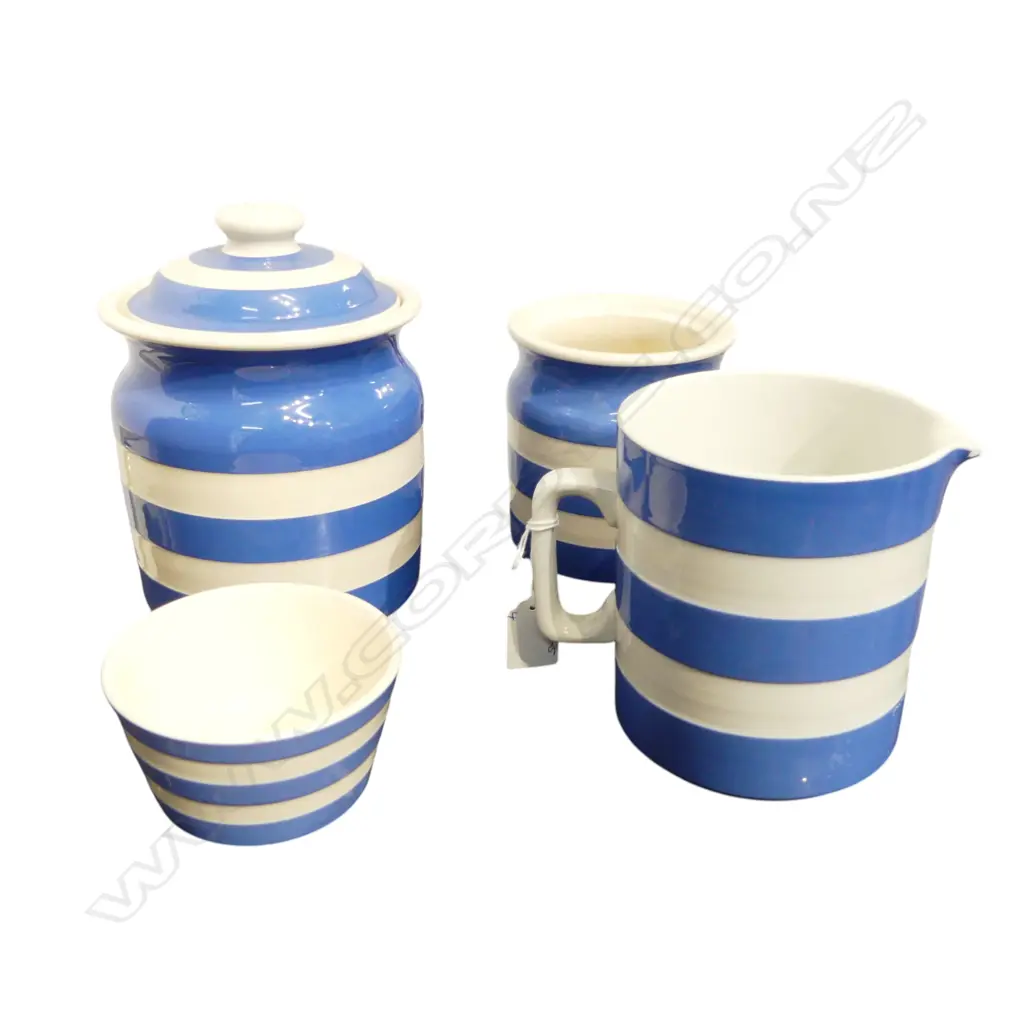 4 PCES CORNISH WAR; 2 STORAGE JARS (ONE LID MISSING), BOWL & JUG WITH EARLY STAMP (CHIP TO RIM) H.140mm Image 1++