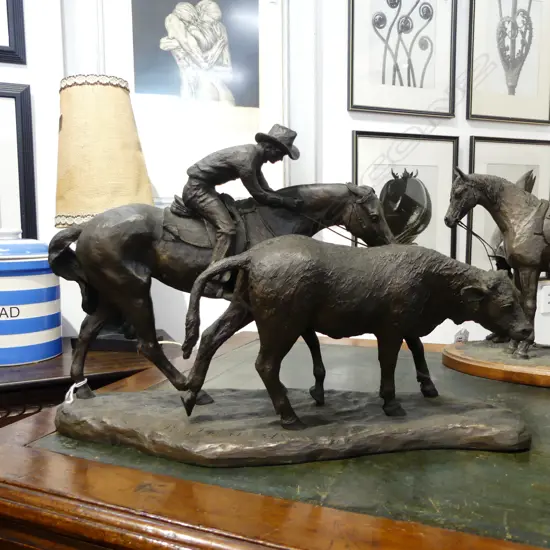 MARY PINSENT BRONZED RESIN FARMER & COW H.270mm