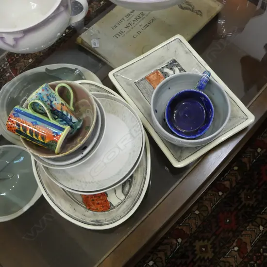 11 PCES STUDIO POTTERY INCL. OVAL PLATE w. NUDE W.340mm RIM CHIP