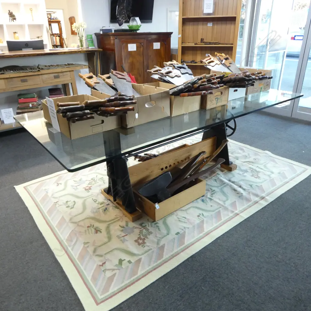 INDUSTRIAL STYLE TABLE, ADJUSTABLE CAST IRON BASE w. VERY HEAVY PLATE GLASS TOP 2400x1200mm Image 1++