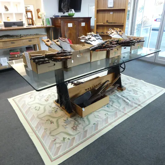 INDUSTRIAL STYLE TABLE, ADJUSTABLE CAST IRON BASE w. VERY HEAVY PLATE GLASS TOP 2400x1200mm