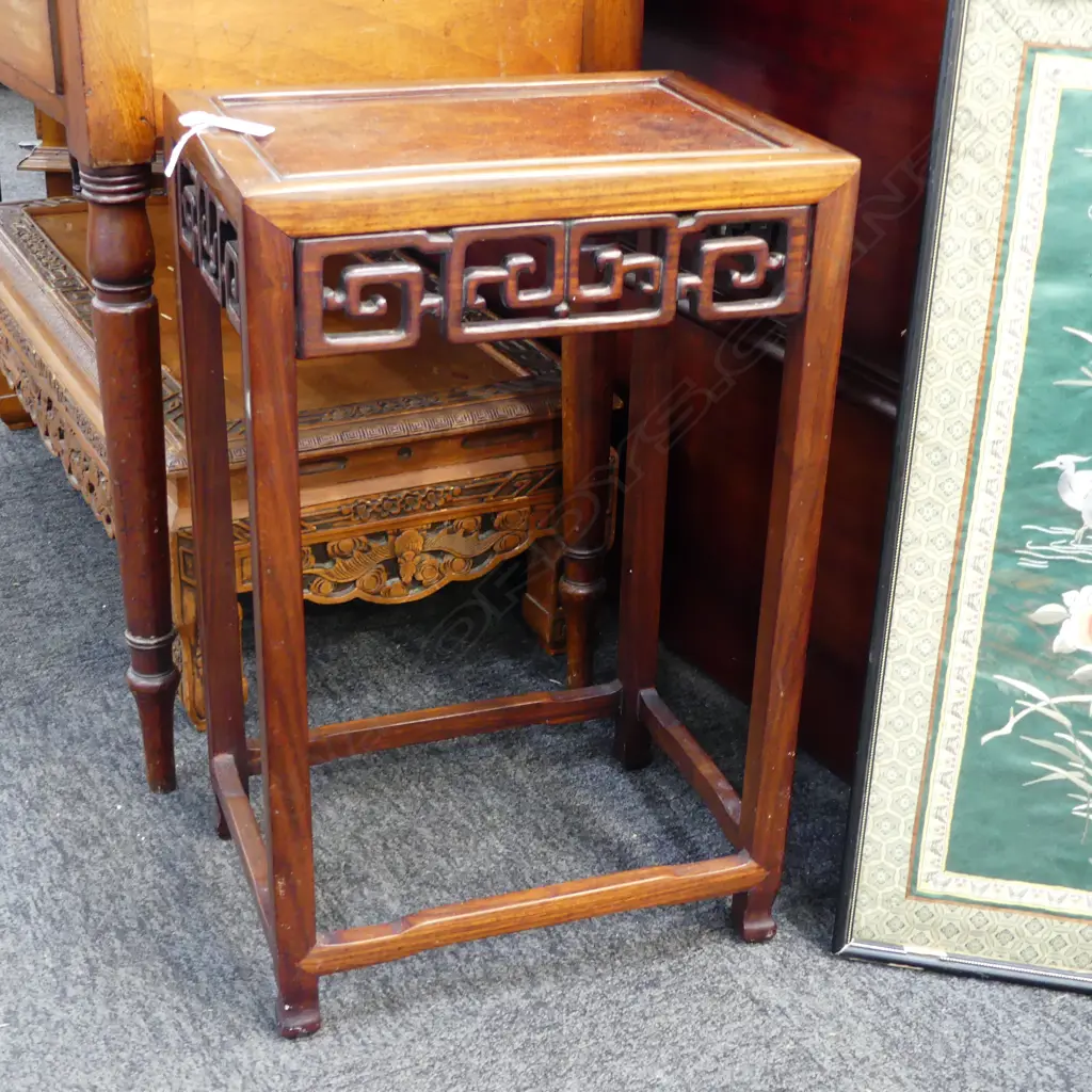 QUALITY CHINESE HARDWOOD SIDETABLE with HUANGHUALI burr wood top panel. Carved frieze.340 x 250 x 530mm Image 1++