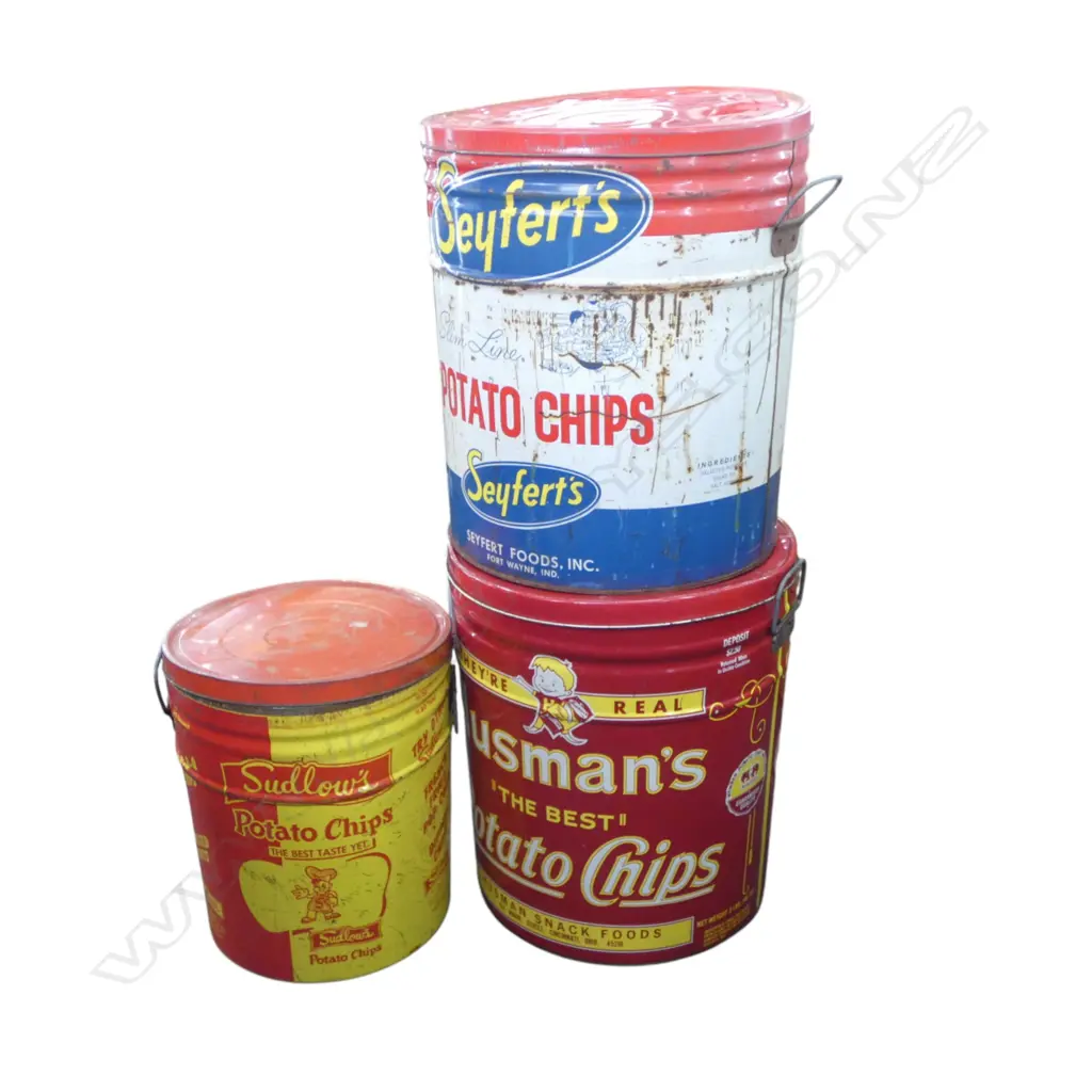 3 LG VINTAGE POTATO CHIP TINS; SEYFERTS & HUSMANS H.360mm Image 1++