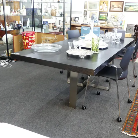 LARGE MODERN BLACK TABLE ON STAINLESS BASE 2410x1000x740mm damage to top